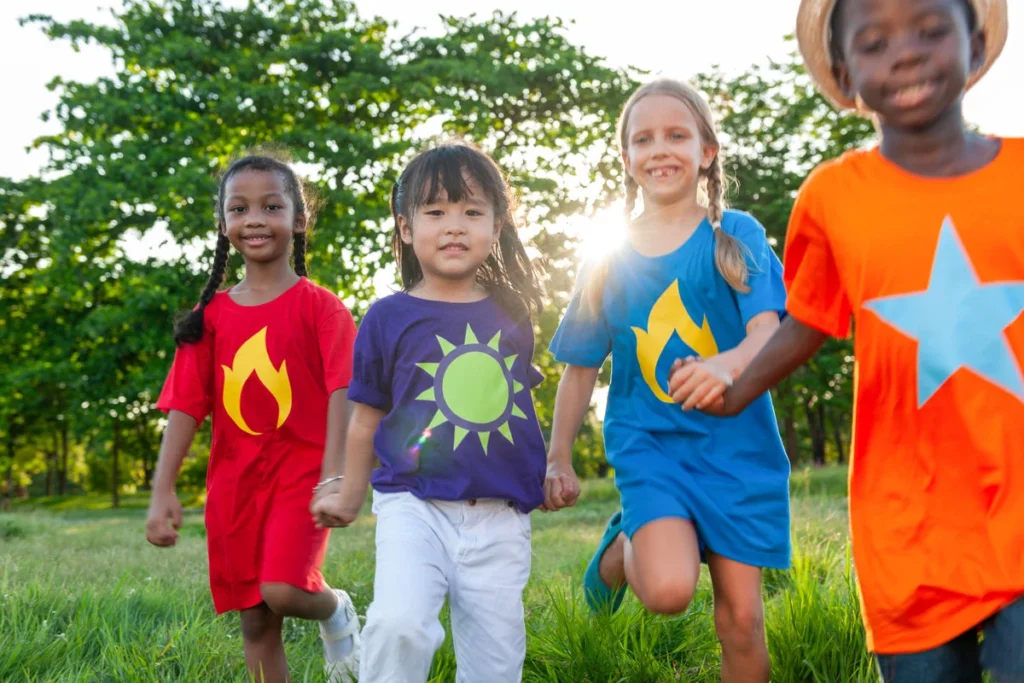 Children playing in colorful costumes